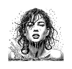 Elegant Woman's Portrait with Water Droplets in a Black and White Detailed Ink Drawing