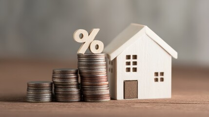 Wooden model house next to stacks of coins representing financial growth, real estate investment, and increasing property values in economic context