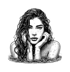 Portrait of a serene woman with wet hair in water, detailed black and white illustration