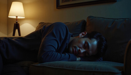 Obraz premium Man asleep on couch during Thanksgiving evening with soft light 