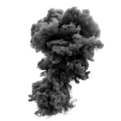 Black smoke clouds rise dramatically against a white background with stark contrast and intense texture, black smoke or clouds isolated on white background