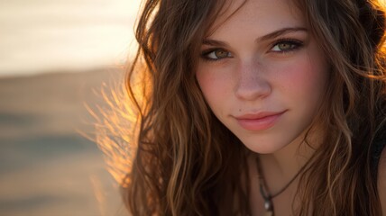 Fototapeta premium Closeup Portrait of a Young Woman with Freckles and Brown Curly Hair