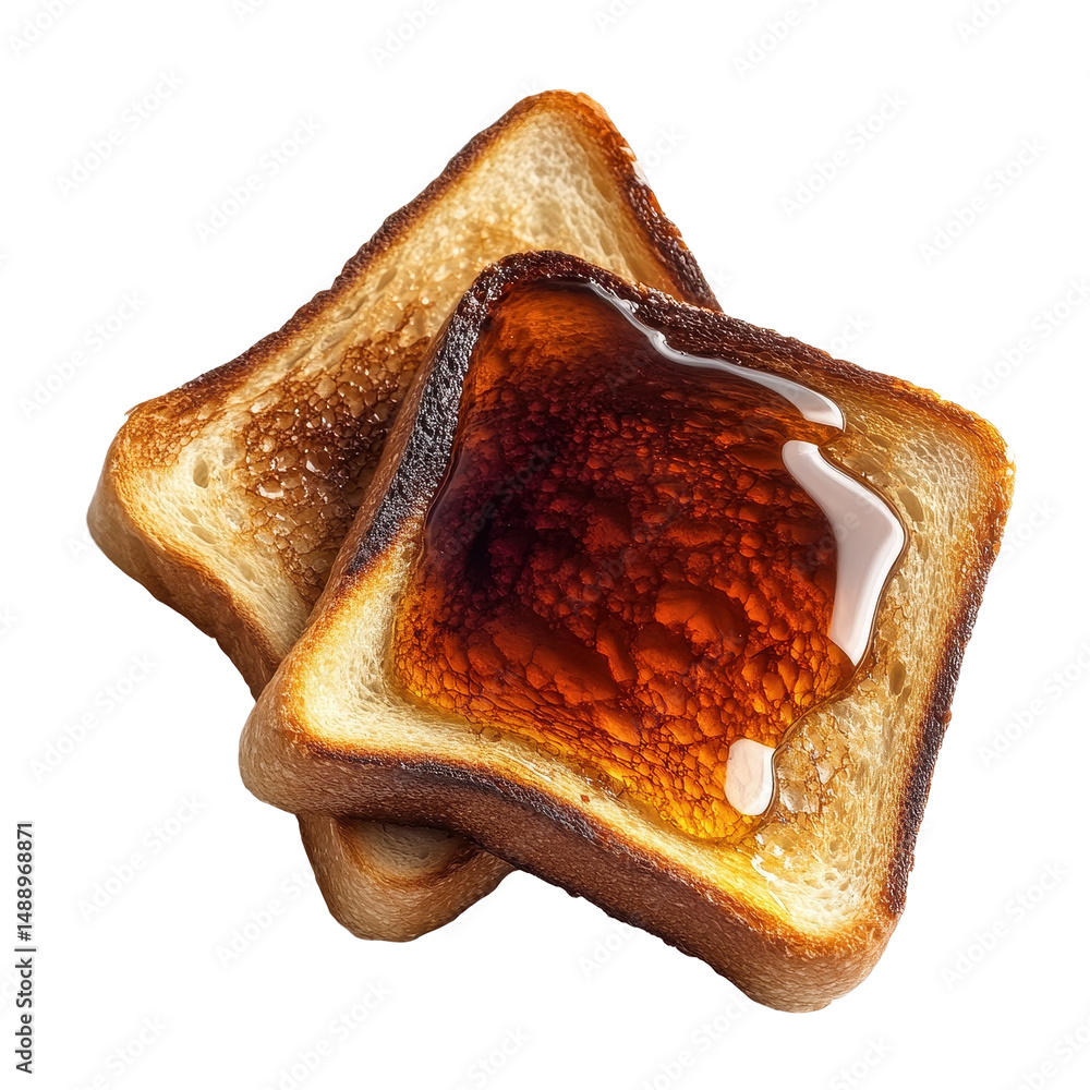 Poster roasted toast bread with syrup drops on isolated transparent background for breakfast or snack ideas
