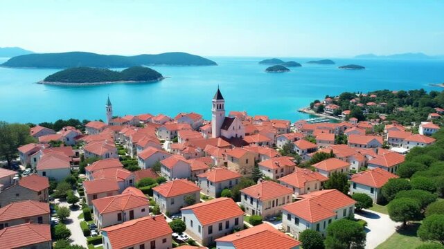 Aerial view of coastal town with red-roofed houses, turquoise sea and small islands in background. Touristic city with colorful buildings in Adriatic sea. Panoramic view of Rogoznica town in Croatia