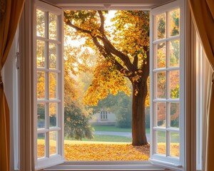 open window to colourful autumn forest with falling leaves and golden sunlight