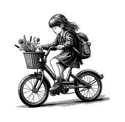 Obraz premium Girl Riding Bicycle with Flowers in Basket and Backpack in Black and White Line Art