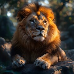 Fototapeta premium Majestic lion resting, golden light