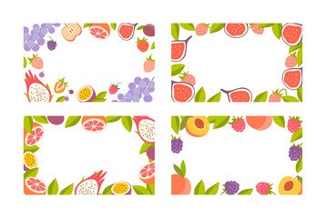Set light backgrounds with decorative border of berries and fruits in bright colors. Great for summer projects, banners, posters, menus, children's designs, invitations and holiday materials.