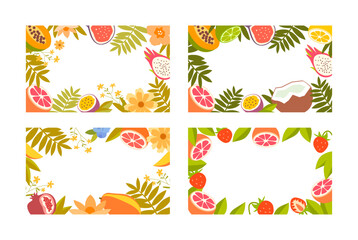 Set bright tropical backgrounds with decorative border of exotic fruits, leaves and flowers. Ideal for banner, social media, summer poster, invite, holiday post or menu design.