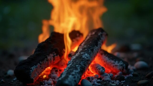Fire with coals and fire on nature picnic background. Burns out a bonfire for food. Smouldering coals. Ashes in the barbecue. Selective focus. Slow motion.