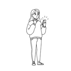 Young confused trans woman thinking while looking at smartphone Simple Vector Outline in minimalistic black and white design