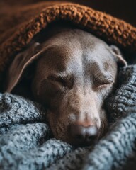A peaceful Weimaraner dog sleeps soundly nestled in a cozy, textured blanket. The soft lighting and muted colors create a calming atmosphere.