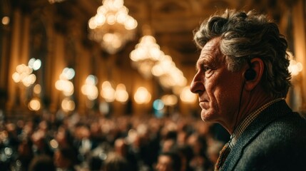 Obraz premium An older individual in profile wearing earphones set against a backdrop of warm bokeh lights