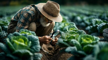 Obraz premium An elderly farmer examining cabbage leaves with a magnifying glass in a lush green field