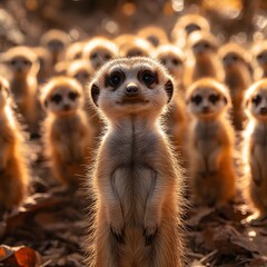 Fototapeta premium Meerkat family, standing guard, sunlight