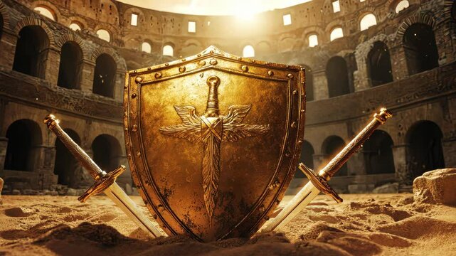 Golden Shield and Swords in Ancient Arena: Symbol of Protection, Strength, and Historical Warfare, Gladiator Era, Roman Empire