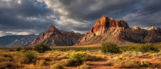 Fototapeta premium Majestic red rock mountains rise under a dramatic sky, casting long shadows across the desert landscape. A breathtaking view of nature's beauty.