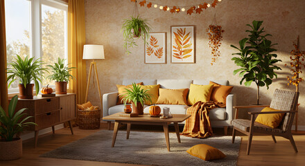 Obraz premium A fall room decor idea with indoor plants. The room has a warm color palette of oranges, yellows, and browns 