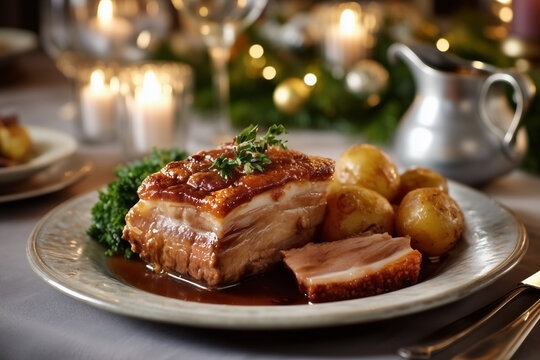 Traditional Danish Christmas fl&aelig;skesteg roast pork with crispy crackling, served with potatoes and gravy on festive table, perfect for holiday dinners and Nordic cuisine themes