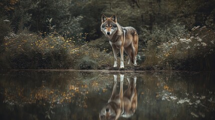 Majestic wolf by tranquil pond