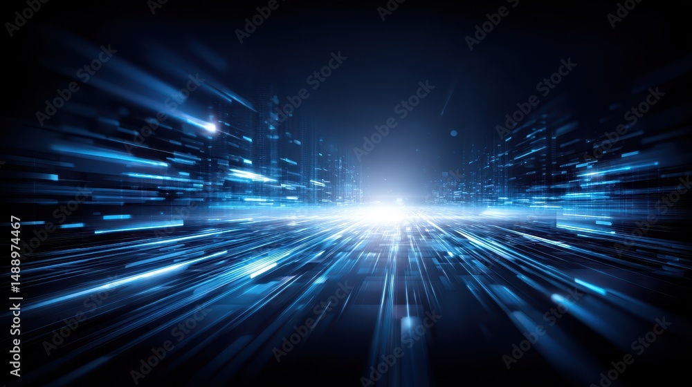 Poster futuristic cityscape with blurry lights and fast motion effect representing digital technology and c