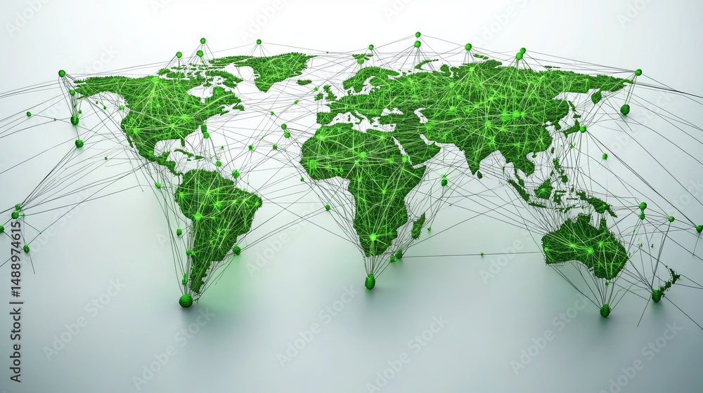 Poster global network connection green world map abstract technology digital business communication interne