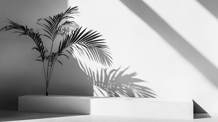 Stylish monochrome display with palm shadows and a podium.