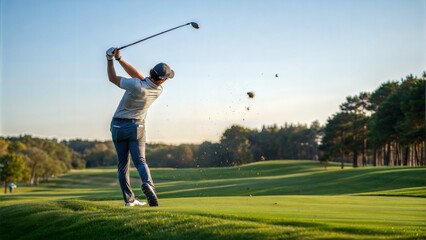 Golfer swinging driver after hitting the ball down the fairway