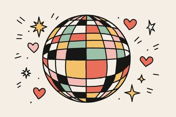 Colorful 70s Disco Ball Vector with Stars and Hearts Party Decorations