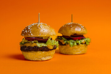 Two mini cheeseburgers on a vibrant background. 