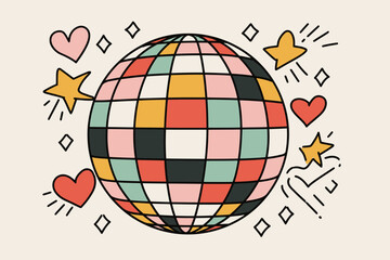 Colorful 70s Disco Ball Vector with Stars and Hearts Party Decorations