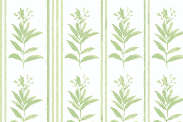 Modern Green Floral Striped Pattern � Watercolor Leaves Texture for Textile & Wallpaper Design