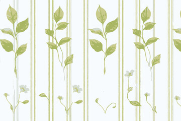 Modern Green Floral Striped Pattern � Watercolor Leaves Texture for Textile & Wallpaper Design