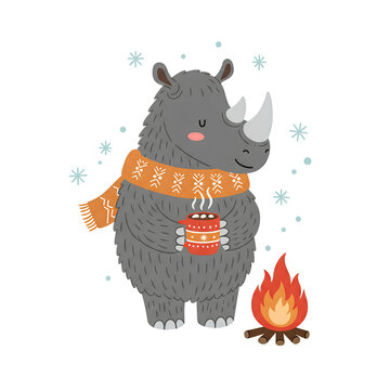 Adorable Rhino Enjoying Cozy Winter Hot Chocolate by a Campfire, Wearing a Knit Scarf, Perfect for Holiday Cards, Children's Books, and Winter-Themed Designs