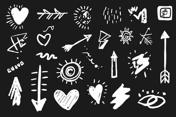 Hand Drawn Arrow Line Brush Sketch Element Set. Includes grunge square, heart, and arrow scribbles in chalk and crayon pencil texture style. Vector illustration with abstract, rough sketch details.