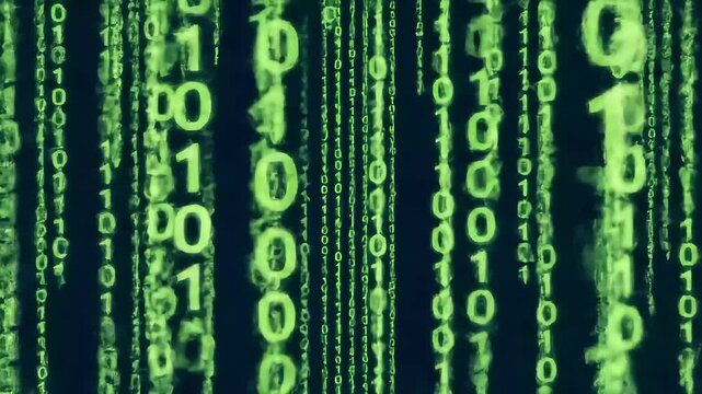 Green binary code matrix digital background representing abstract data stream and programming technology concept.  