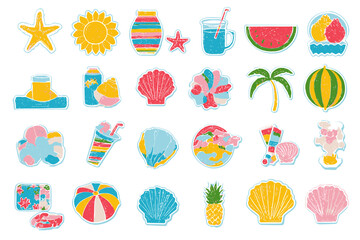 Beach Summer Vacation Icons Vector Sea Tropical Fruit Sun Watermelon Cocktail Hat Shell