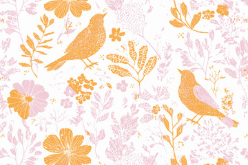 Seamless Bird Flower Pattern Vector Spring Floral Background Pastel Crayon Garden Design Vintage Easter Wallpaper
