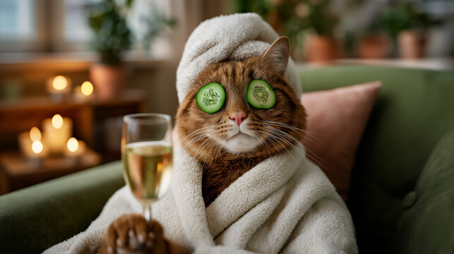 Relaxed Tabby cat with cucumbers on eyes and drinking Champagne at spa, spoiled pets concept