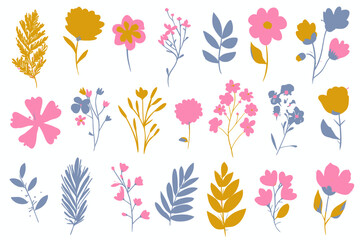 Spring Floral Elements Vector Collection � Hand Drawn Wildflowers, Leaves, and Branches on White Background for Stickers and Decor