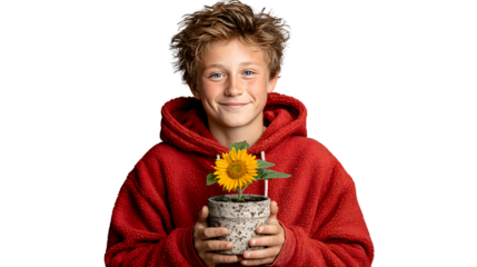 A cheerful child holding a vibrant sunflower in a cozy red hoodie perfect for themes of happin