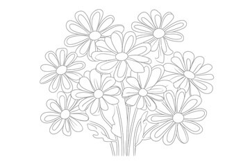 Groovy Contour Flowers 60s 70s Vintage Hippie Psychedelic Daisies Outline Bouquet Vector Coloring Page