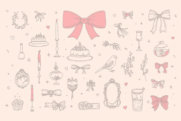 Coquette Vintage Line Art Illustrations of Bows, Ribbons, Candles, Mirror, Cake, and Pigeon