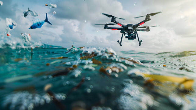 Aerial drone flying above ocean water with debris and floating fish and plastic bags scattered around