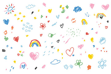 Cute Kid Scribble Line Flower and Heart Doodle Vector Set with Rainbow and Cloud Background