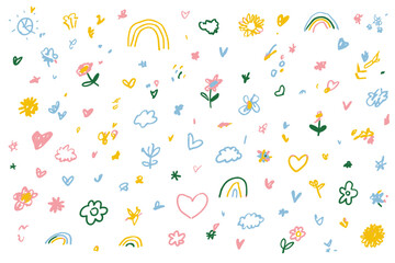 Cute Kid Scribble Line Flower and Heart Doodle Vector Set with Rainbow and Cloud Background