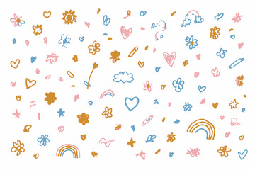 Cute Kid Scribble Line Flower and Heart Doodle Vector Set with Rainbow and Cloud Background