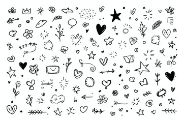 Cute Hand Drawn Line Sketch Vector Set with Stars, Arrows, Hearts, and Floral Decoration Elements