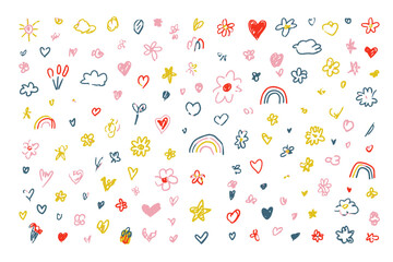 Cute Kid Scribble Line Flower and Heart Doodle Vector Set with Rainbow and Cloud Background