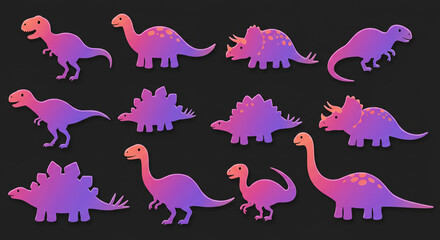 Obraz premium Dinosaur Silhouette Collection Fun Colorful Prehistoric Creatures T Rex Triceratops Stegosaurus